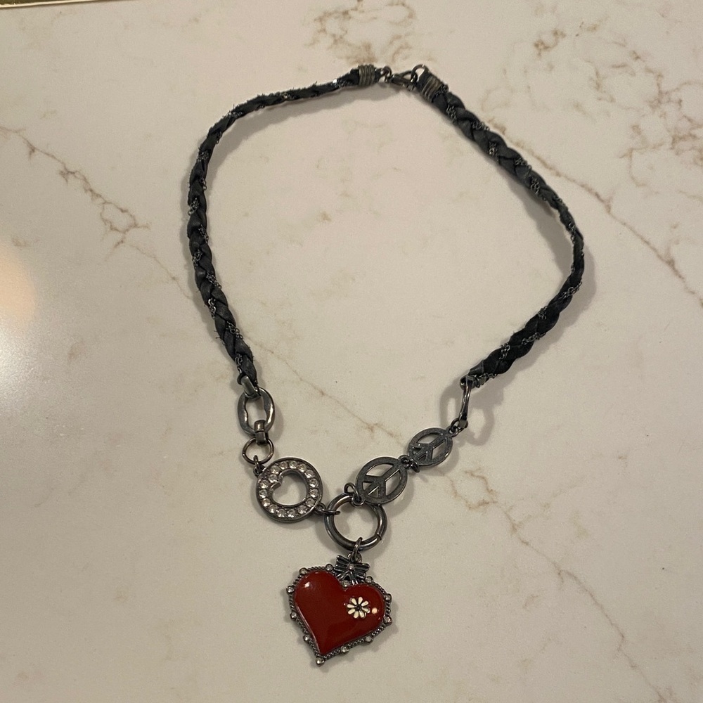 Hard Rock Necklace Pendant | Peace Sign Edgy | Red Heart | Braided Cord | 18”